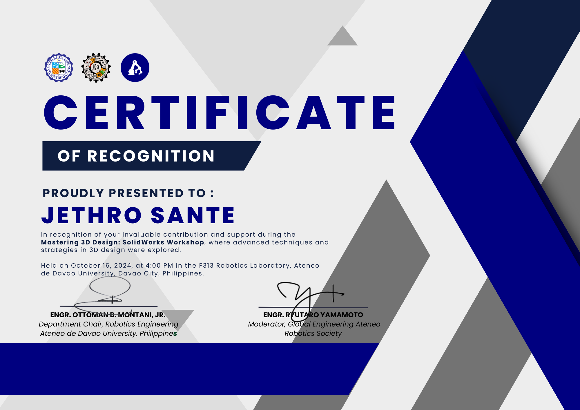 SolidWorks Workshop Certificate of Recognition